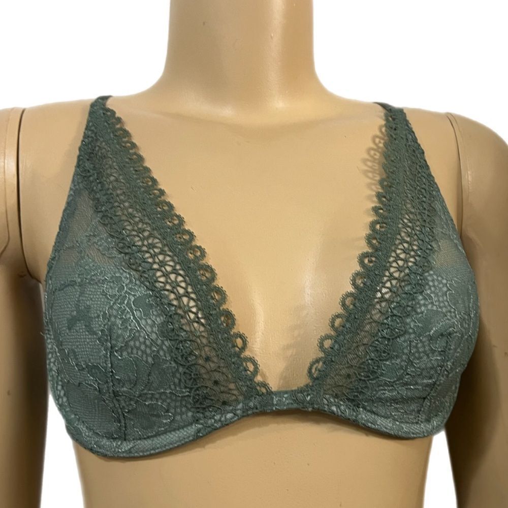 Victoria’s Secret Very Sexy Unlined Plunge Floral Lace bra olive green 34B